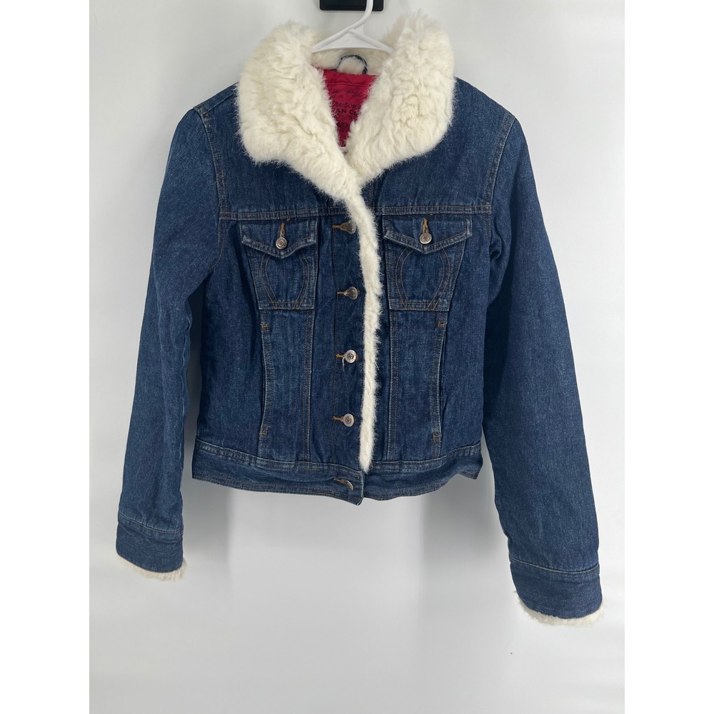 Vtg Arizona Jean Co Y2K Penny Lane Denim Jacket Faux Fur Trim Dark Wash Small